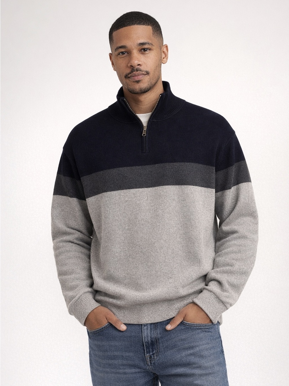 Gap Men’s Relaxed Fit Gray Black Colorblock Quarter Zip Sweater – Size Large